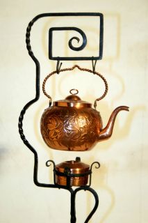 19th century rare floor model teapot & stand, copper/wrought iron 