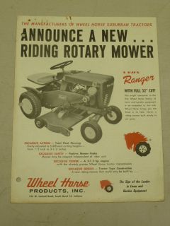 VINTAGE 1961 WHEEL HORSE LAWN RANGER TRACTOR SPEC SHEETORIGIN​AL!