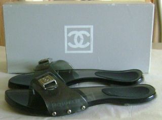 CHANEL*** Clear Lucite Smoke Color & Silver Sandals Flats. Size 40