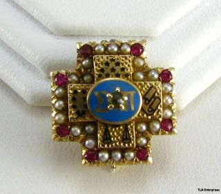 SIGMA PI Badge   14k Yellow Gold Genuine Emerald Ruby Cross fraternity 