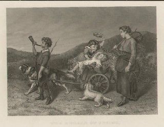 Dog Cart St Bernard Children Play Victorian View Vintage 1885 Antique 