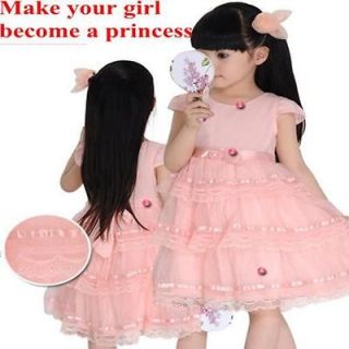 Pretty Kids Girls Sweet light pink ribbon bow Lace ruffles Princess 