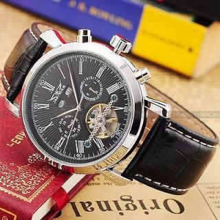   Mechanical Tourbillion Date Black Leather Mens Sport Wrist Watch