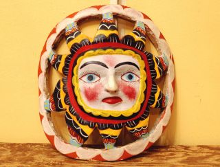   Hand Carved, Painted Wooden Sun Goddess Mask Colorful Folk Art
