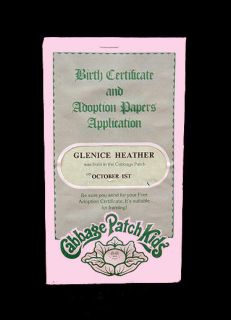 CABBAGE PATCH KIDS Birth Certificate Adoption Papers Girl Glenice 10 1 