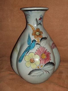   Mexican Ceramic Pottery Signed Three Sided Vase Flowers and a Bird