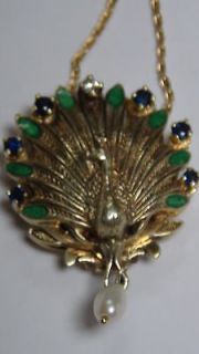 Antique Russian Faberge Gold Emeralds Sapphires Diamond PEACOCK 