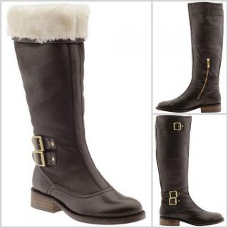 VINCE CAMUTO FABI DOUBLE BUCKLE LOGO TALL FUR RIDING BOOTS 38 38.5 39