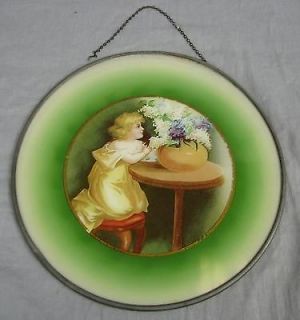 Antique COLOR LITHO & GLASS FLUE COVER #6~Girl With Flowers~GERMAN​?