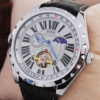   HQ Tourbillon Moonphase Dial Mens Automatic Wrist Watch Leather New