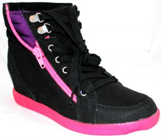 Lace up High Top Fashion Trainers Wedge Sneakers Black Pink Suede 