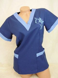 New Nursing Scrub Navy Ceil Blue Embroidery Butterfly Poly Top XS