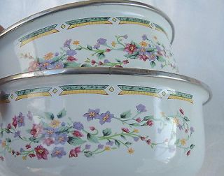 ENAMEL WARE BOWLS,WHITE WITH FLOWERS,NESTING,6.5 AND 7 INCHES