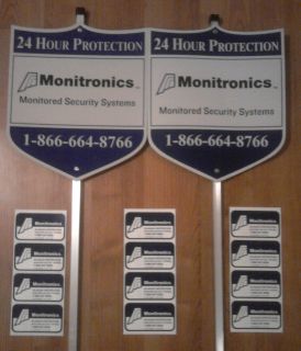   MONITRONICS SECURITY ALARM SYSTEM YARD SIGN & 18 WINDOW STICKERS