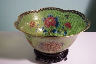 Chinese Plique a Jour Large Green Bowl in Original Box & Wooden Stands