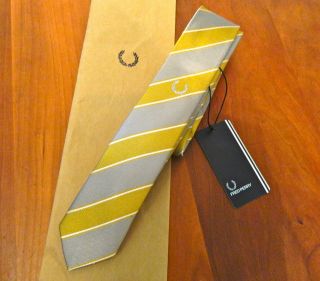 NEW GENUINE Fred Perry Mens Grey & Yellow Striped Tie   RRP £35
