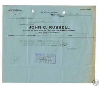   invoice, John C Russell Golf Course Equipment, Worthington Mower, 1926
