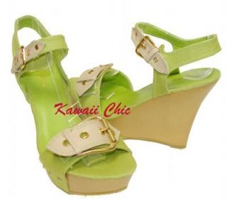 D91 Lime Green Canvas Buckle Wedge High Heel Shoes