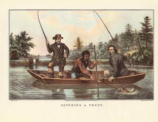 Currier Ives Vintage Fishing Print Catching A Trout