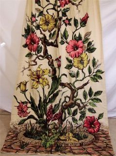   Barkcloth Fabric Curtain Panel Tree Flowers 85 x 43 Brown Red Yellow