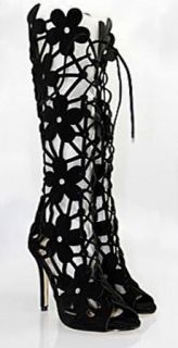 Black Suede Leather Peep Toe, Lace Up Boot ♥ Floral Cutout 