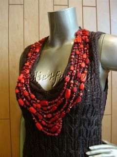 2790 New OSCAR de la RENTA Brown Knit Red Bead Sweater Top L