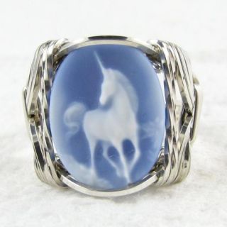 Unicorn Blue Agate Cameo Ring Sterling Silver Jewelry