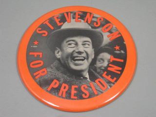 1952 1956 Adlai Stevenson Smiling Orange Text Campaign Pin Pinback 