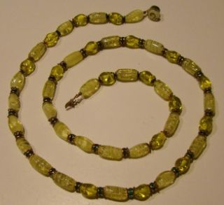 Vtg 1950s Yellow Art Glass Green Rhinestone Necklace