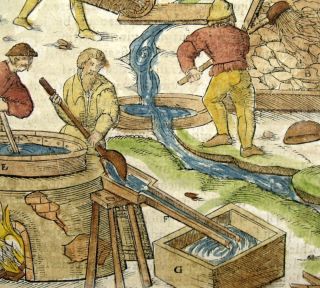 1557 Agricola Folio Large Woodcut Medieval Mining Scene