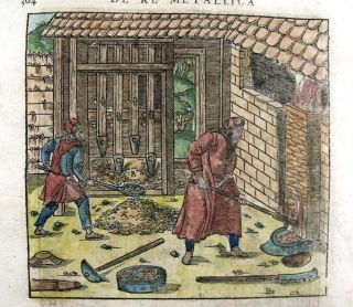 1557 Agricola Folio 2 Woodcuts Medieval Mining Scene