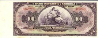 Venezuela Banco Mercantil Agricola 100 Bolivares Banknote 1929 CU 