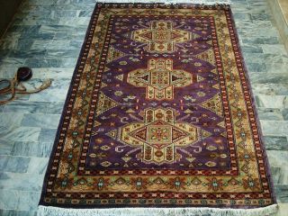 Lilac Purple Kafkazi Hand Knotted Rug Wool Carpet 6x4
