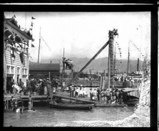 1900 WOW Busy Scene at Honolulu Dock Hawaii Magic Lantern Glass Slide 