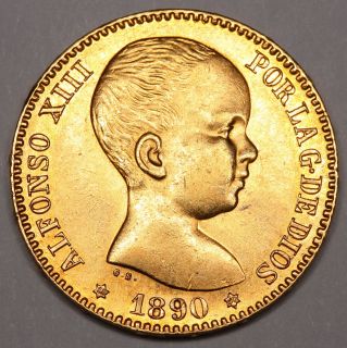 1890 Alfonso XIII Spain Twenty 20 Pesetas Gold Coin