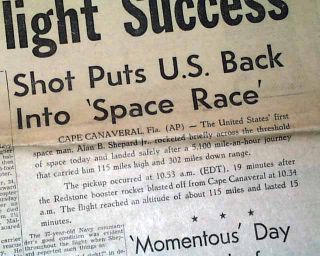 1961 ALAN SHEPARD 1st American SPACEMAN NASA Mercury Newspaper