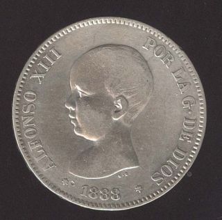 Spain España 5 Pesetas Silver Coin Alfonso XIII 1888 18 88