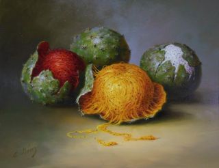 Painting by Mexican Master Alfredo Gomez Pitayas Cactus Fruit Food 