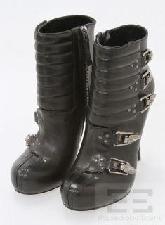 Alexander McQueen Black Leather Buckled Leather Heel Boots Size 38 5 