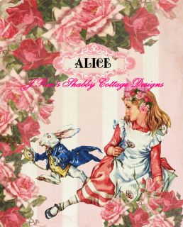 Adorable Alice in Wonderland Altered Art w White Rabbit 5x7 Fabric 