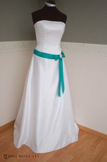 Alfred Angelo 1140 White w Green Satin Strapless Wedding Dress NWT