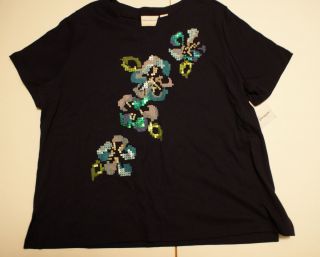 Alfred Dunner shirt SIze Medium M Navy Blue w Sequined Flowers Bright 