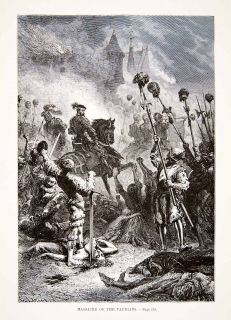 1875 Woodcut Alphonse Neuville Massacre Vaudians Slaughter Halberd 