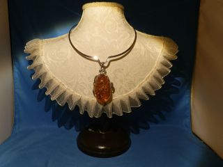 Very Nice Silver Tone Amber Drop Choker Style Necklace