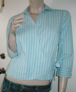 allyson taylor blue striped wrap blouse