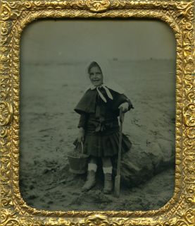 Lovely Outdoor Ambrotype, Adorable Little Girl on Sandy Beach w/ Pail 