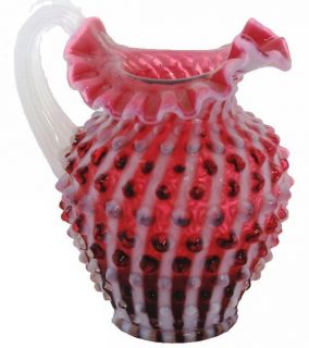   Cranberry Opalescent Hobnail Spiral Optic Ruffled Pitcher 