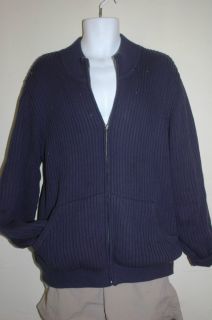 LLBEAN Blue Knit Zip Front Cardigan Sweater Jacket Plaid Lined