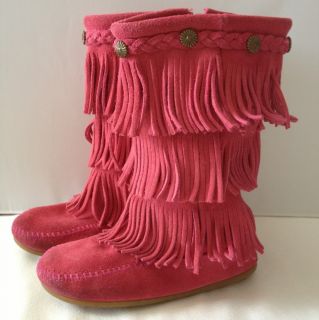 Minnetonka 13 Girls Pink Leather Fringe Boots Shoes Hanna Andersson 