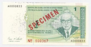 BOSNIA *NOT PERFORATED 1 Convertible Marka ND(1998) UNC *SPECIMEN* P 
